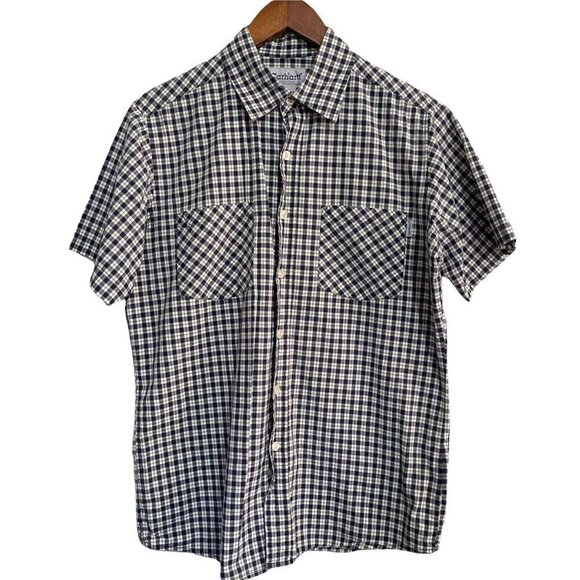 Carhartt Mens Blue White Plaid Button Up Chest Pockets Short Sleeve Shirt Medium - Picture 1 of 6
